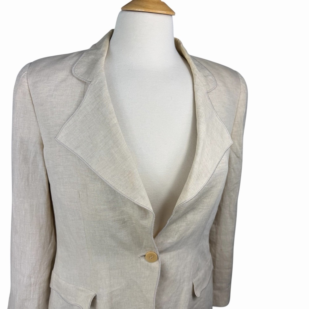 Vintage Giorgio Armani 100% Linen Blazer Size 46 Cream Tan Button Shoulder Pads